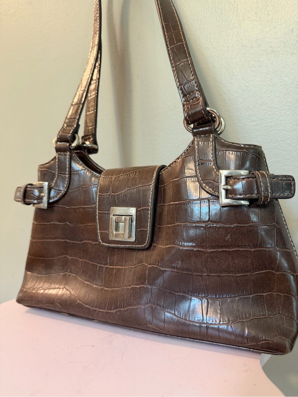 Apt. 9 Y2K Brown Croc-Embossed Shoulder Bag with Silver Hardware